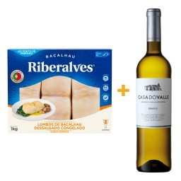 Lombo de Bacalhau Dessalgado Morhua RIBERALVES 1kg + Vinho Português Branco Casa do Valle Garrafa 75