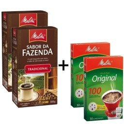 Kit MELITTA com 2 Cafés à Vácuo Torrado e Moído Tradicional Sabor da Fazenda Caixa 500g Cada + 2 Coa